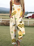 Women's Cute Bee Hive Flower Print Casual Wide Leg Jumpsuit