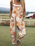 Women's Vintage Floral Art Print Casual Wide Leg Jumpsuit