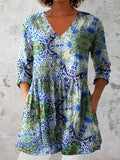 Women's Elegant Floral Pattern Round Neck Cotton and Linen Top
