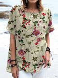 Women's Elegant Vintage Floral Pattern Cotton and Linen Top