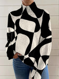 Women's Abstract Geometric Pattern Art Print Knit Turtleneck Pullover Sweater