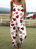 Women's Simple Floral and Insect Art Print Casual Wide Leg Jumpsuit