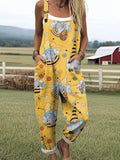 Women's Art Creative Abstract Bee Print Casual Wide Leg Jumpsuit