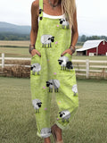 Women's Funny Sheep Art Print Casual Wide Leg Jumpsuit