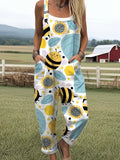 Women's Funny Bee Art Print Casual Wide Leg Jumpsuit