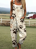 Women's Vintage Dog Paw Print Art Print Casual Wide Leg Jumpsuit