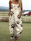 Women's Vintage Dog Paw Print Art Print Casual Cotton Linen Wide Leg Jumpsuit