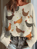 Women's Funny Chicken Art Print Casual Pullover Sweater