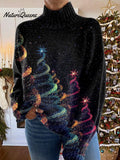 Glitter Christmas Tree Print Knit Turtleneck Pullover Sweater