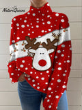 Christmas Red Polka Dot Cute Elk Print Knit Turtleneck Pullover Sweater