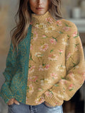 Flowers Art Print Knit Turtleneck Pullover Sweater