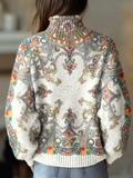 Vintage Symmetrical Flowers Print Knit Turtleneck Pullover Sweater