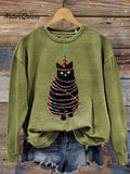 Retro Glitter Cats Christmas Print Casual Sweatshirt