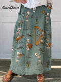 Women's Retro Skull Music Flower Art Print Linen Pocket Skirt