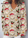 Lovely Christmas Santa Art Print Knit V-neck Pullover Sweater