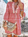 Floral Print V-Neck Tassel Stitching Boho Mini Dress