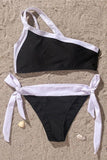 One-Shoulder Contrast Knotted Bikini