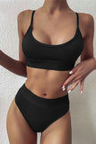 Solid High Waist Ribbed Bikinis Swimsuits