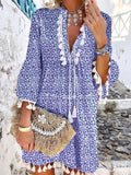 Floral Print V-Neck Tassel Stitching Boho Mini Dress