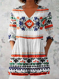 Women's Elegant Geometric Pattern Round Neck Cotton and Linen Top