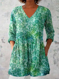Women's Elegant Floral Pattern Round Neck Cotton and Linen Top