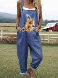 Women's Lovely Fox Art Print Casual Cotton Wide Leg Jumpsuit