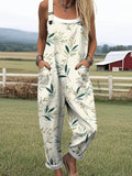 Women's Floral Art Print Casual Cotton Wide Leg Jumpsuit