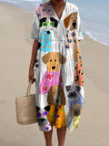 Women's Minimalist Colorful Cartoon Puppy Print Flowy Dress