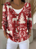 Christmas Tree Elk Print Buttoned V-neck Cardigan Sweater