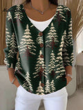 Christmas Tree Print Buttoned V-neck Cardigan Sweater