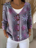 Christmas Snowflake Pattern Art Print Buttoned V-neck Cardigan Sweater