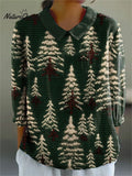 Women's Christmas Tree Print Casual Cotton And Linen 3/4 Sleeve Shirt