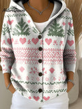 Women's Vintage Christmas Pattern Printed Casual Hooded Button Sweater