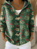 Women's Vintage Christmas Tree Bells Pattern Printed Casual Hooded Button Sweater
