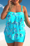 Plus Size Coconut Tree Print Cyan Tankini Set