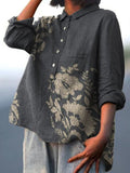 Asymmetric Floral and Leaf Combination Decorative Pattern Casual Cotton And Linen Shirt