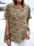 Women's Elegant Retro Floral Pattern Round Neck Cotton and Linen Top