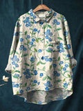 Vintage Lovely Floral Art Print Casual Cotton And Linen Shirt