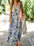 Women's Elegant Simple Floral Pattern Loose Vest Cotton and Linen Dress