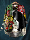 Vintage Lovely Cat Art Print Casual Cotton And Linen Shirt