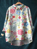 Women's Floral Art Print Casual Cotton And Linen Shirt