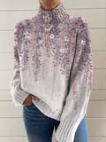 Women's Purple Art Flower Print Knit Turtleneck Pullover Sweater