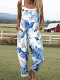 Women's Vintage Floral Birds Art Print Casual Cotton Wide Leg Jumpsuit
