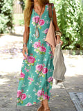 Women's Resort Style Floral Pattern Vest Style Loose Cotton and Linen Dress