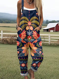 Women's Vintage Floral Art Print Casual Wide Leg Jumpsuit