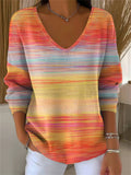 Women's Casual Autumn Gradient Striped Long Sleeve V-Neck Pullover Sweater