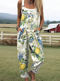 Women's Vintage Floral Birds Art Print Casual Cotton Wide Leg Jumpsuit