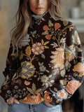 Women's Lovely Floral Art Print Knit Turtleneck Pullover Sweater