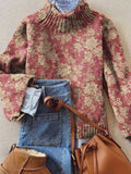 Women's Vintage Lovely Floral Art Print Knit Turtleneck Pullover Sweater