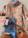 Vintage Lovely Floral Art Print Knit Turtleneck Pullover Sweater